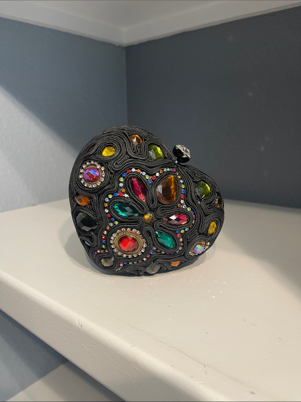 Mary Frances Black Heart Key/Card Holder with Multicolor Gem Accents